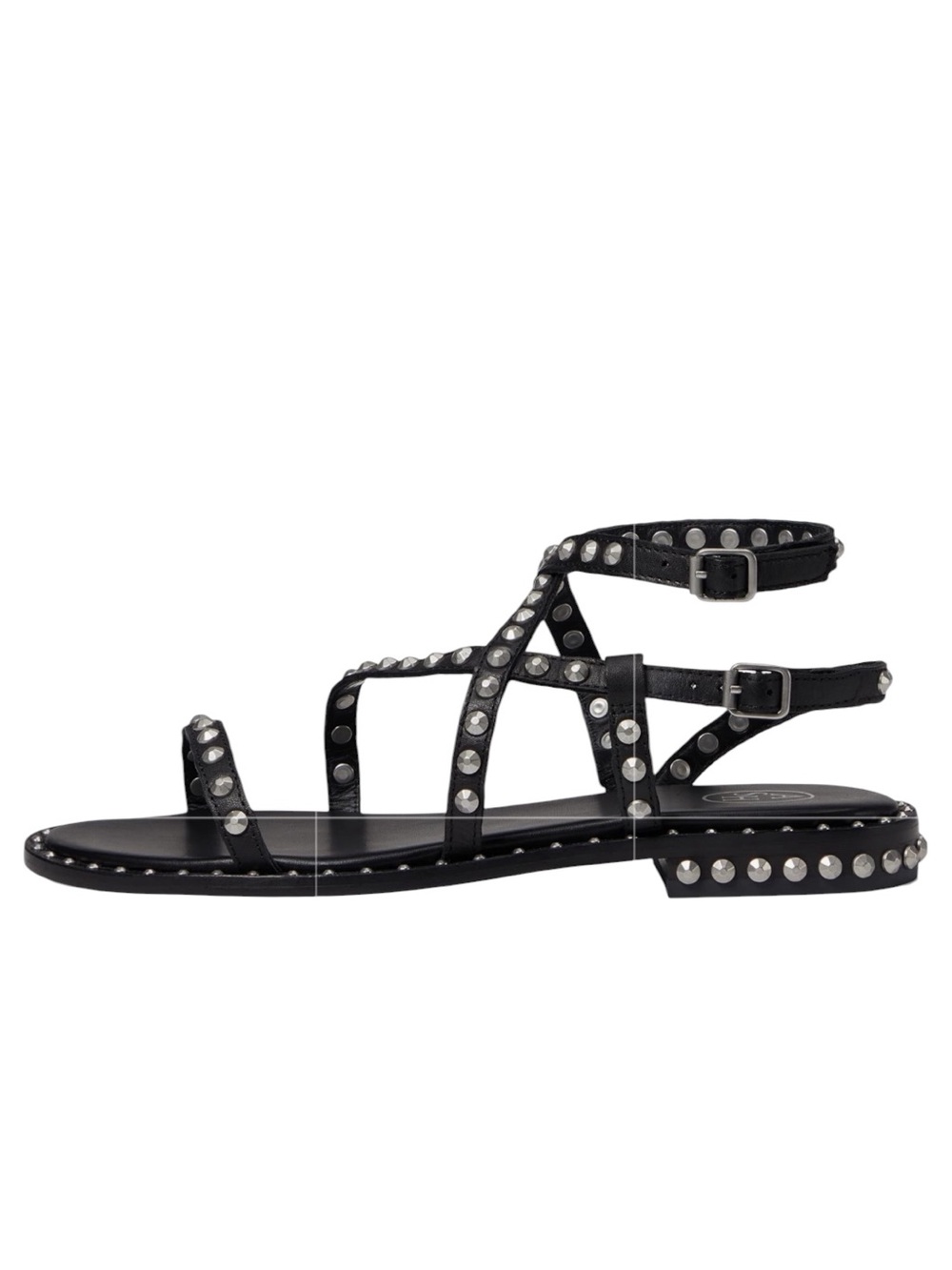 ASH Petra Silver Studded Buttery Black Leather Strappy Flat Sandal Size EU 39‎